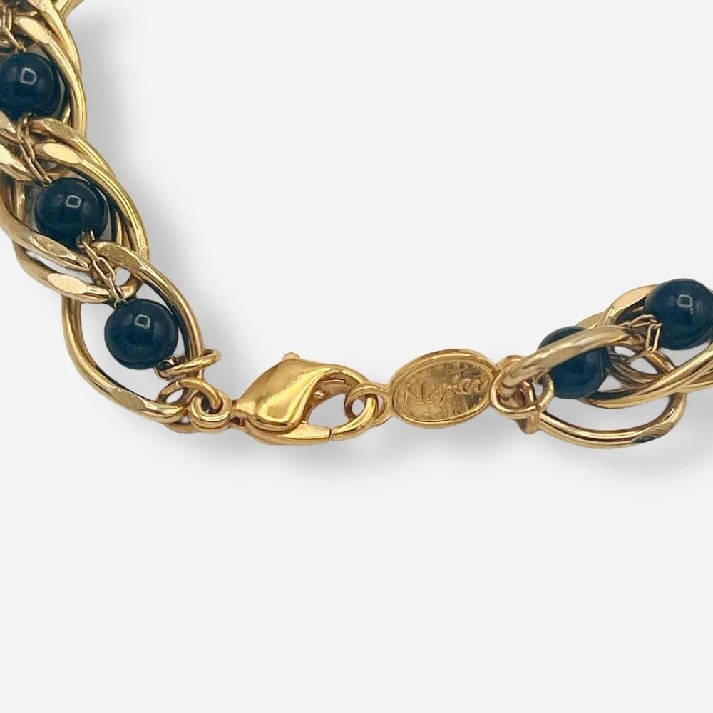 Vintage Napier Gold Tone‎ Black Ball Bead Bracelet Caged Beaded Faux Onyx